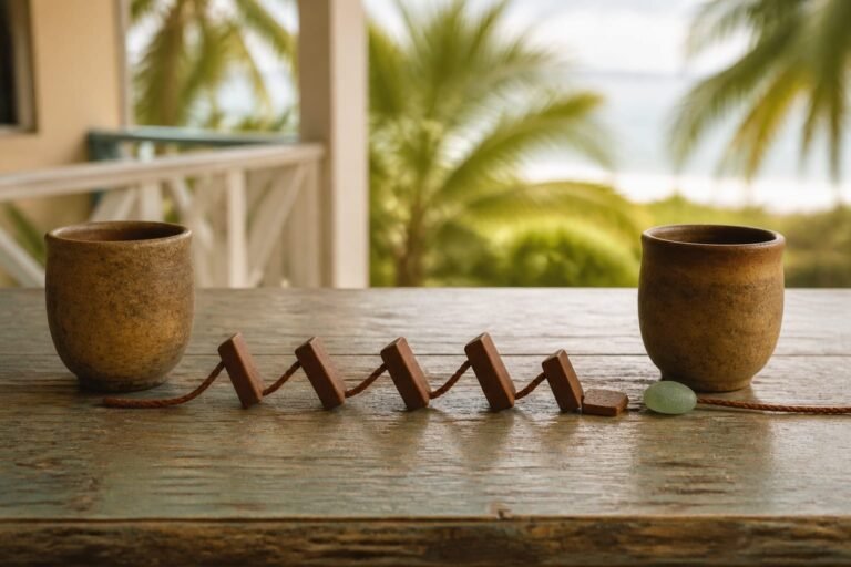 Two clay cups separated by a zigzag line of small terracotta tiles.