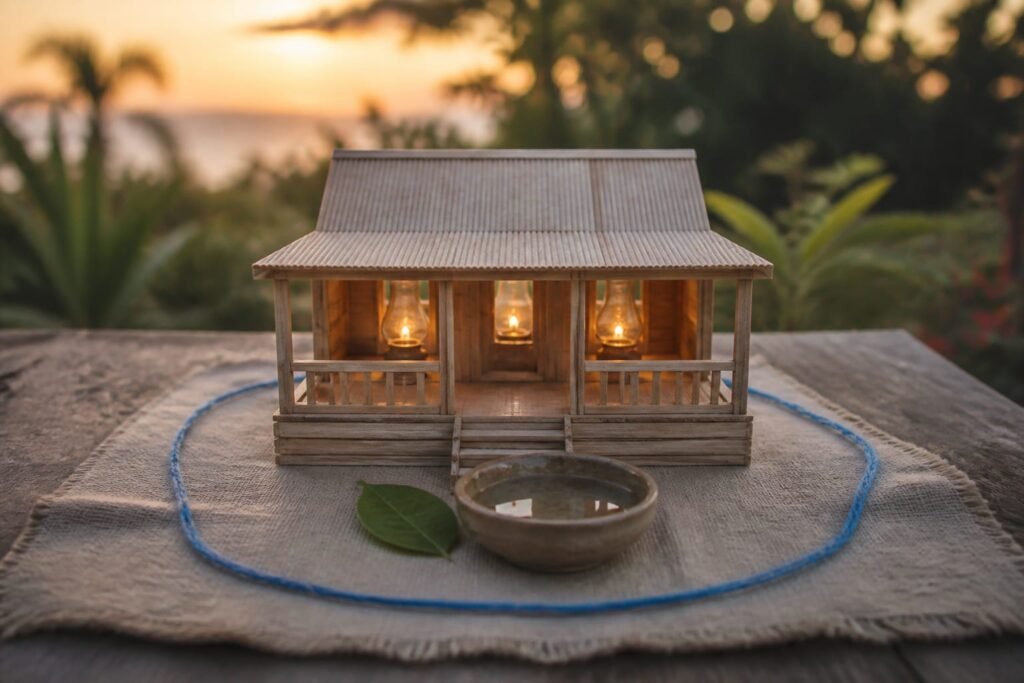 A small wooden Caribbean house with warm lamps glowing inside and a still-water bowl at the threshold.