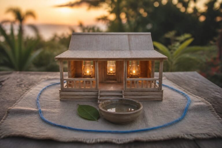 A small wooden Caribbean house with warm lamps glowing inside and a still-water bowl at the threshold.