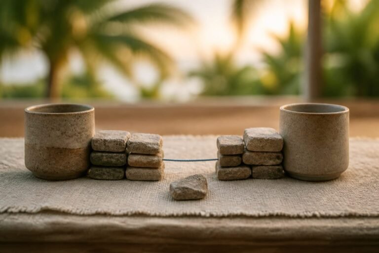 Two clay cups separated by a low stone wall with an opening at the centre.