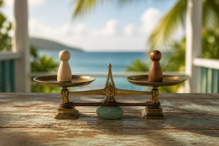 Two wooden pieces balanced equally on a small brass scale.