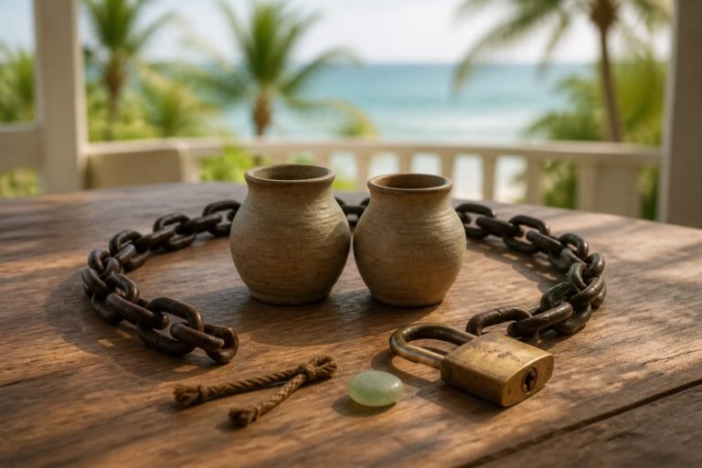Two clay vessels inside a loose chain circle with an open padlock.