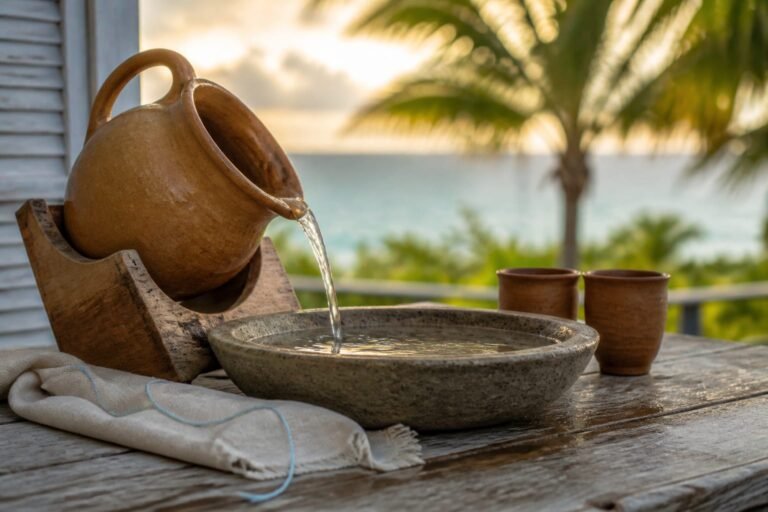A clay pitcher pouring clear water into a stone basin with two cups behind.