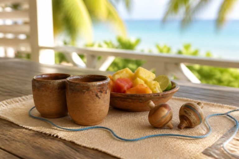 Two clay cups, wooden spinning tops and a shared bowl of tropical fruit.