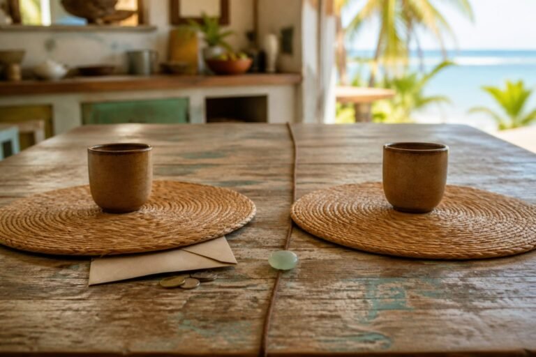 Two place settings with an envelope and coins partly hidden beneath one mat.