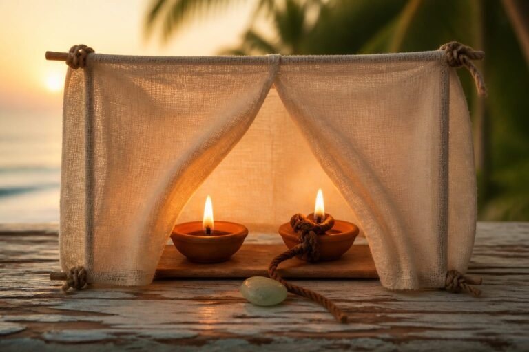 Two lit clay lamps behind parted linen with a knotted cord before one.