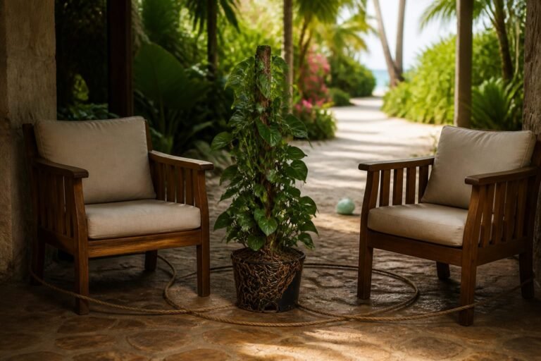 Two cushioned chairs around a root-bound potted vine with a sunlit path beyond.