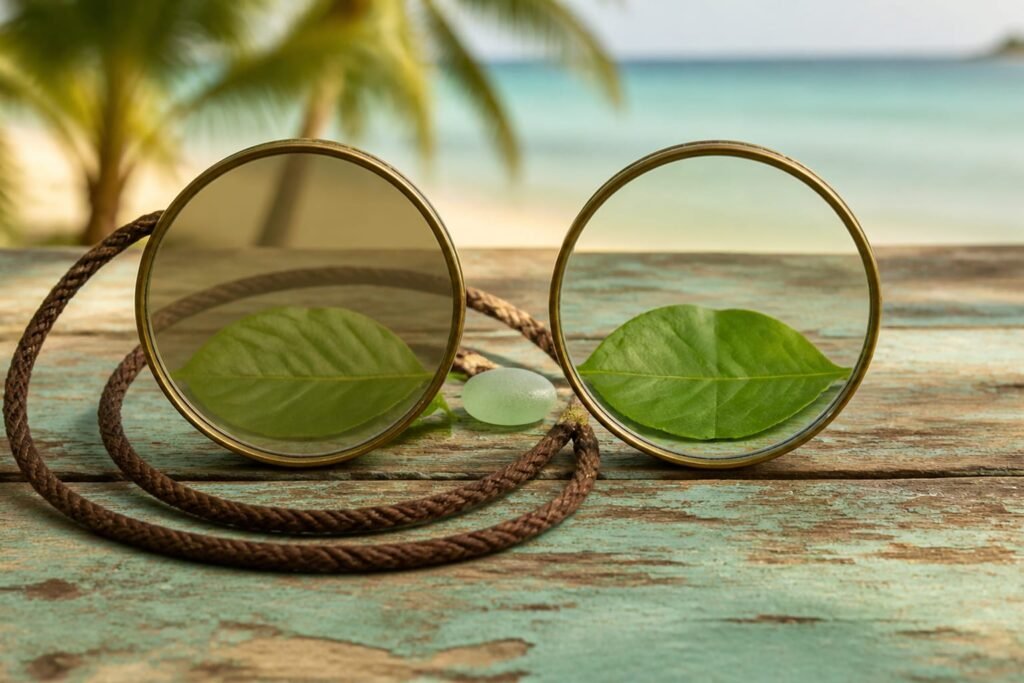 A smoked lens and a clear lens each viewing a fresh green leaf.
