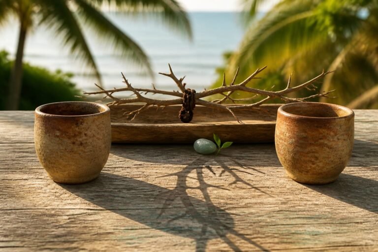 Two clay cups separated by the shadow of a thorny branch behind them.