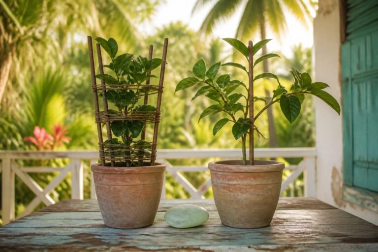 Two potted plants, one over-tied to stakes and one lightly supported.