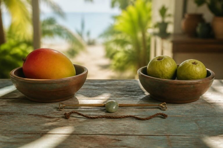 Two clay bowls holding a mango and guavas beside an unused brass balance beam.
