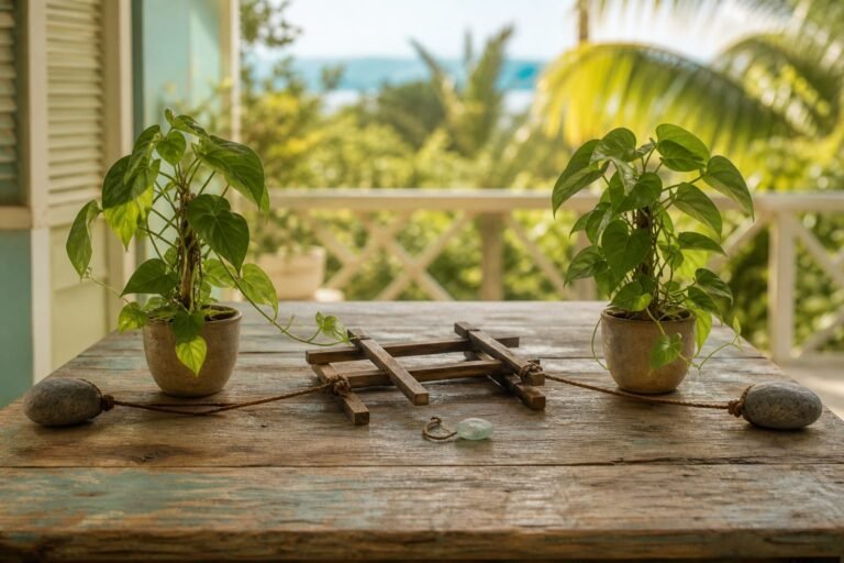 Two potted vines beside a fallen trellis pulled opposite ways by weighted cords.
