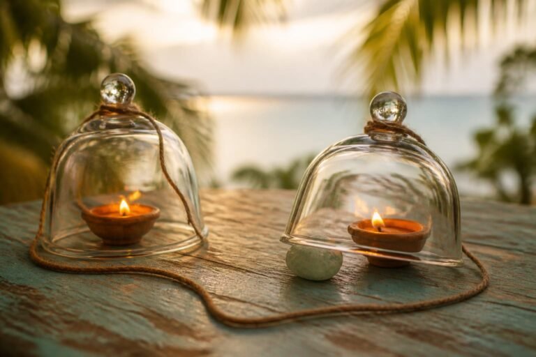 Two lit clay lamps beneath separate glass cloches, one propped open.