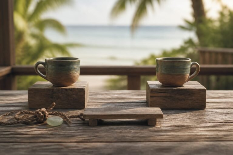 Two clay cups raised on separate blocks with a low bridge waiting between them.