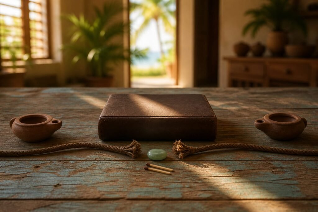 Two unlit clay lamps beside a closed leather Bible and two matches.