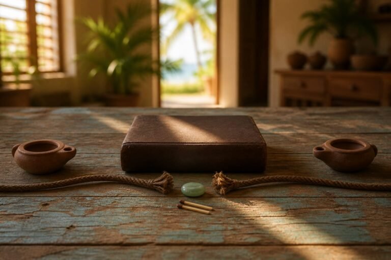 Two unlit clay lamps beside a closed leather Bible and two matches.