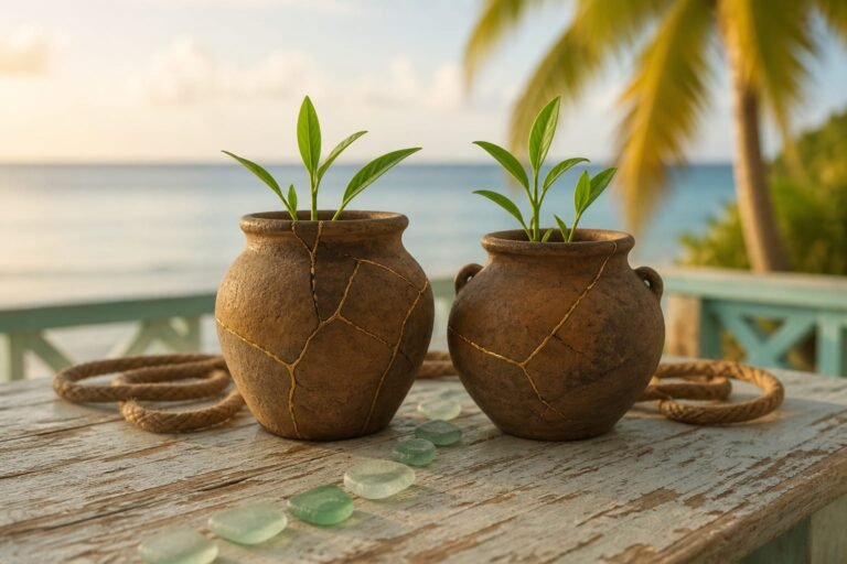 Two repaired clay vessels with gold seams holding fresh green shoots.