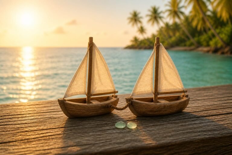 Two wooden sailboat models joined loosely to each other facing bright Caribbean water.