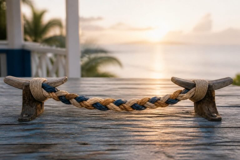 A three-strand natural, indigo, and gold cord joining two weathered wooden cleats.