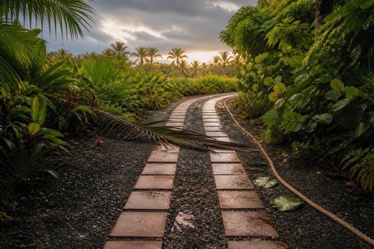Two parallel coral-stone paths curving together around a fallen palm branch after rain.