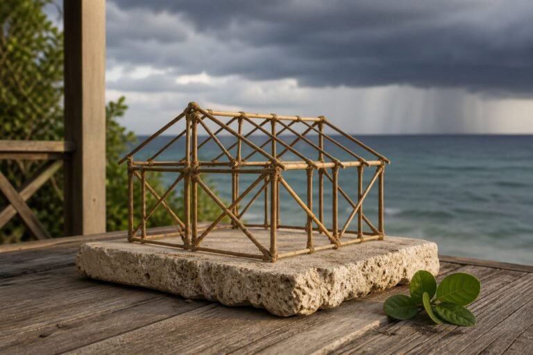 A bamboo house frame on a coral-stone foundation with a distant storm over the sea.