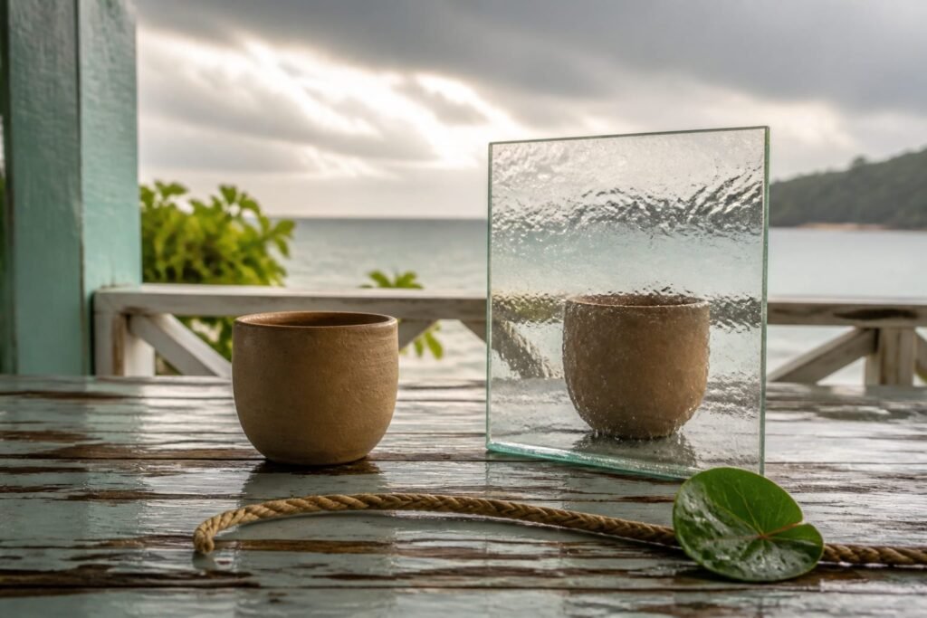 One clay cup seen directly and another distorted through wavy rain glass.