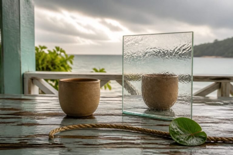 One clay cup seen directly and another distorted through wavy rain glass.