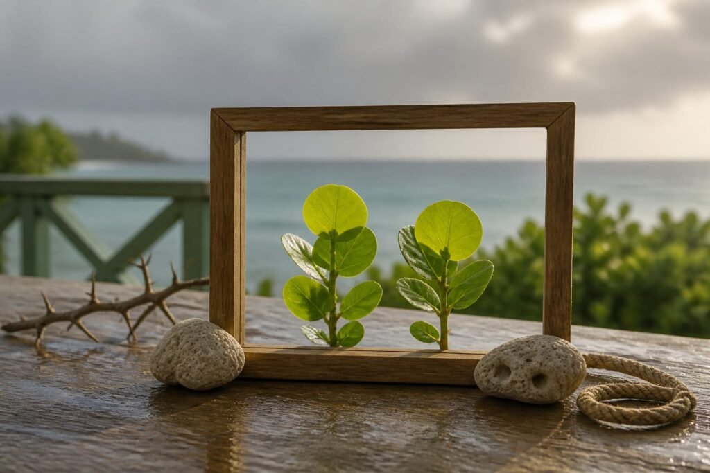 Two sea-grape shoots framed in warm light with a thorn branch outside the frame.