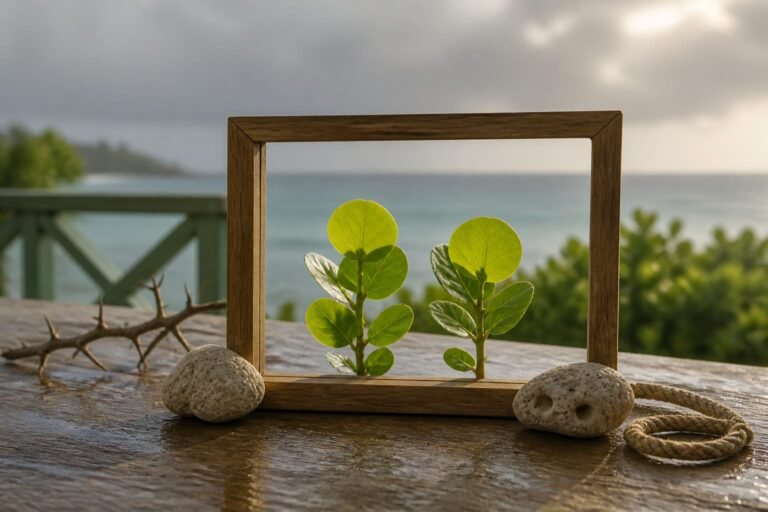 Two sea-grape shoots framed in warm light with a thorn branch outside the frame.