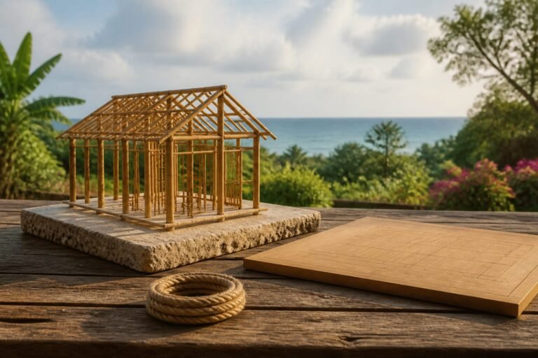 An unfinished bamboo house model and blank planning board on a worktable.