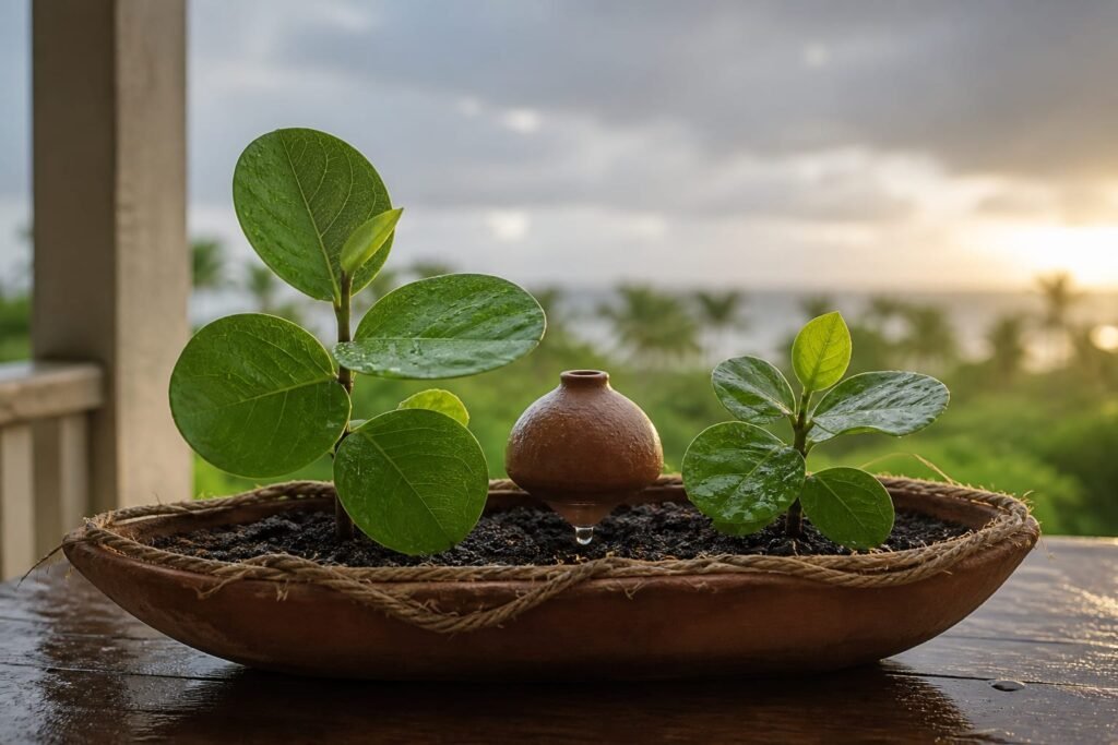 Two sea-grape plants beside a slow-watering vessel in one clay planter.