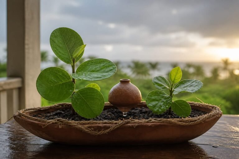 Two sea-grape plants beside a slow-watering vessel in one clay planter.