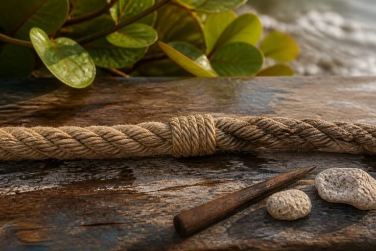 Natural sisal rope with a re-spliced section and secure central join.