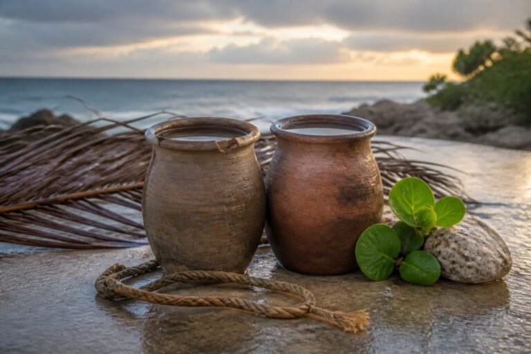Two clay rain vessels, one chipped, holding water beside new green leaves.