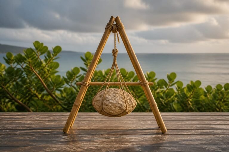 Two bamboo poles sharing a suspended coral stone in a sisal sling.