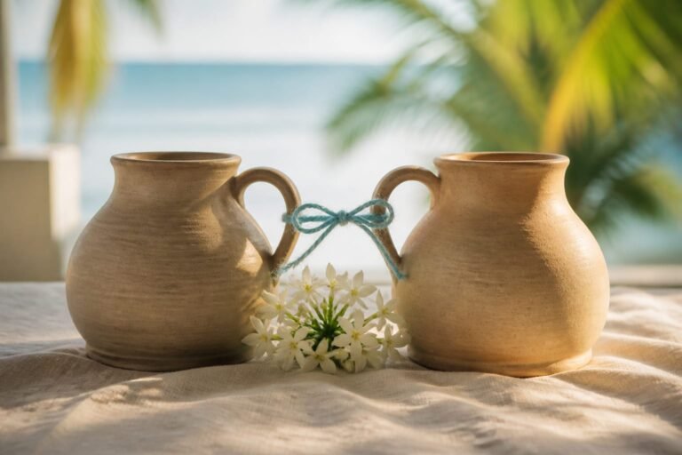 Two clay vessels joined loosely at their handles beside white jasmine.
