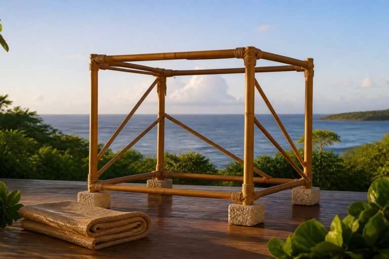 A bamboo shelter frame with diagonal bracing and coral-stone feet in calm weather.