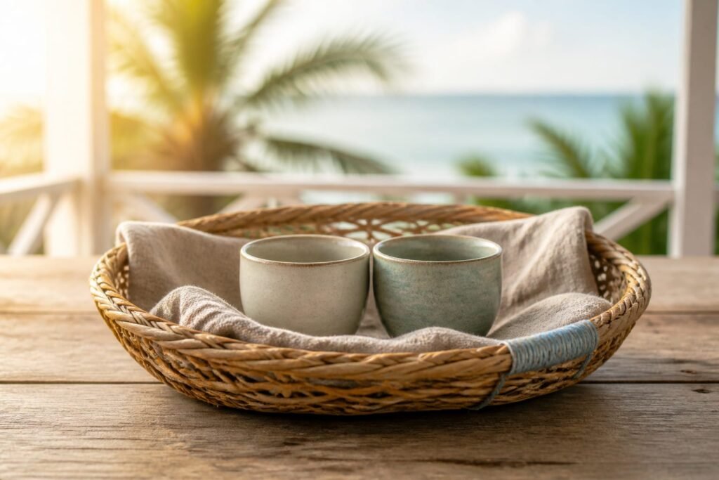Two ceramic cups supported in an open woven basket lined with linen.