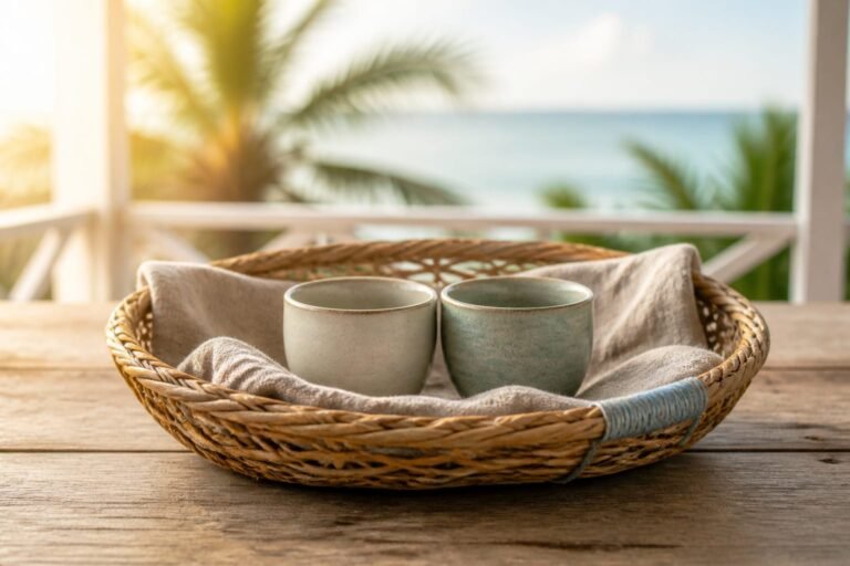 Two ceramic cups supported in an open woven basket lined with linen.
