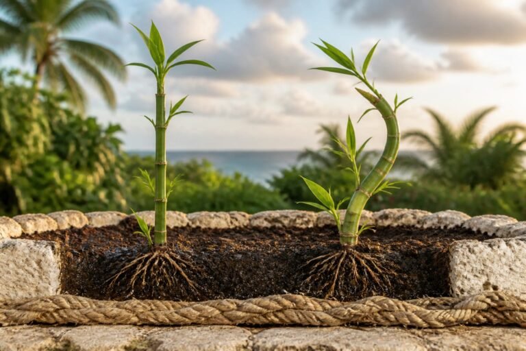 Two bamboo shoots with visible roots growing in a shared garden bed.