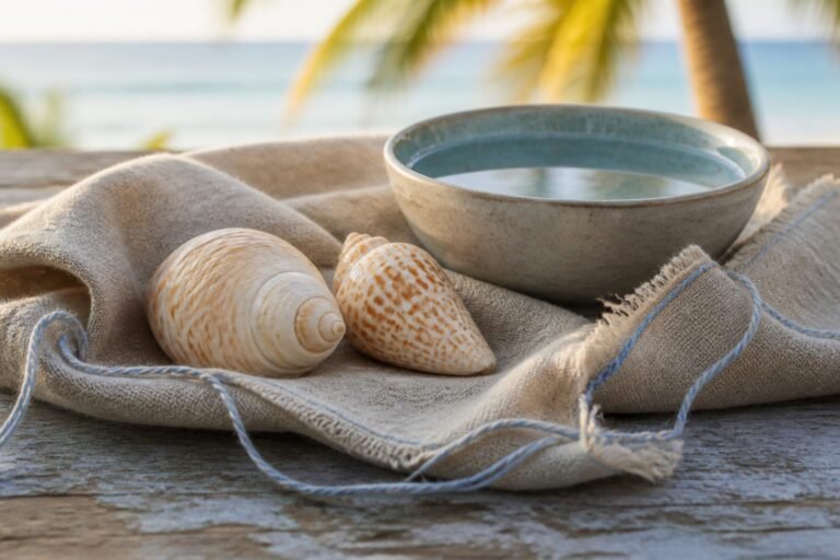 Two Caribbean shells resting together in linen beside a bowl of calm water.