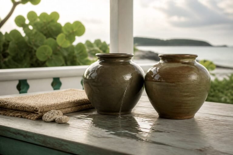 Two polished clay jars, one leaking water through a hairline crack.