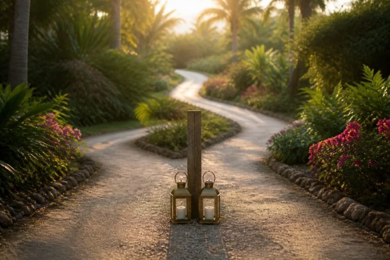 Two brass lanterns standing together at a fork in a Caribbean garden path.
