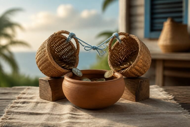 Two woven baskets contributing plain tokens into one clay savings bowl.