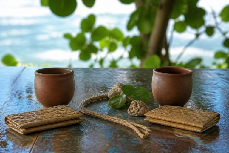 Two clay cups facing across lowered woven bamboo screens.