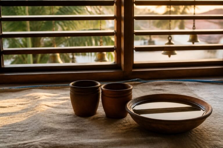 Two clay cups and a still-water bowl inside a louvred window with brass bells beyond.