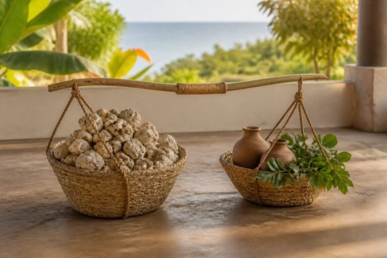 A bamboo yoke with an overloaded stone basket and a balanced basket of water vessels and leaves.