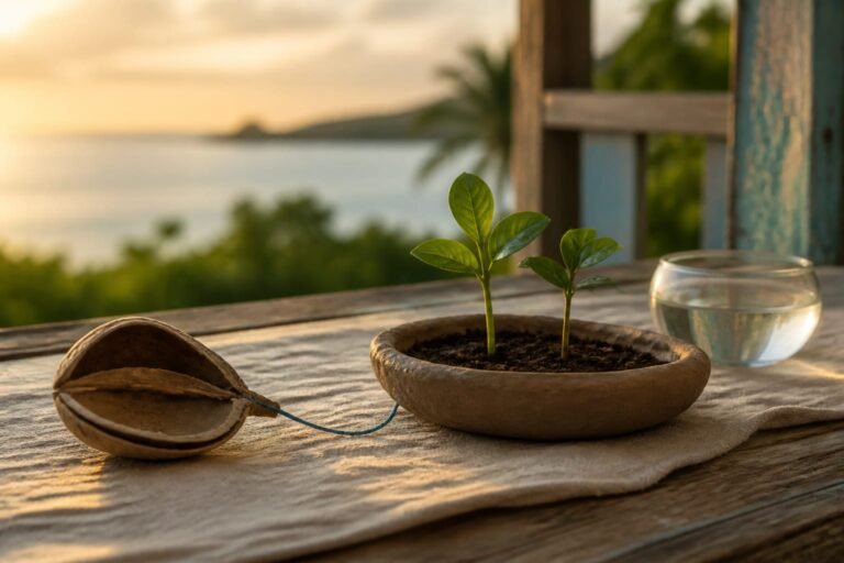 Two green seedlings growing beside an opened dry seed pod and a clear water bowl.