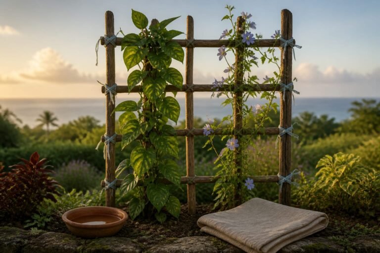 A leafy vine and a flowering vine growing side by side on one wooden trellis.