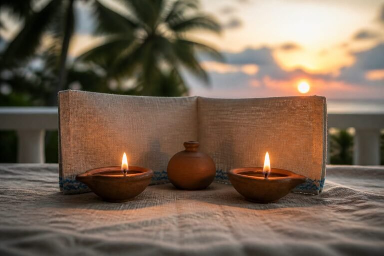 Two low-burning clay lamps sheltered by linen with a closed oil flask between them.